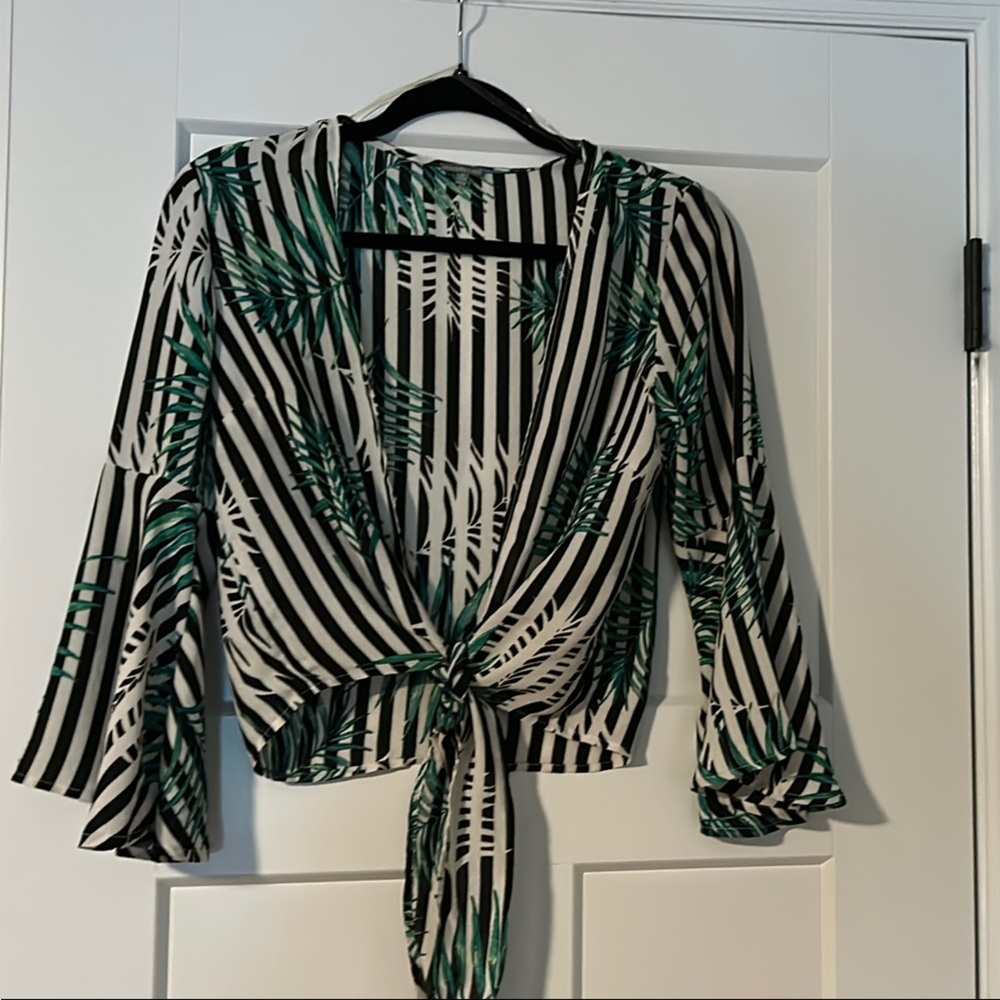 Charlotte Russe Black and White Striped Blouse with Green Accents